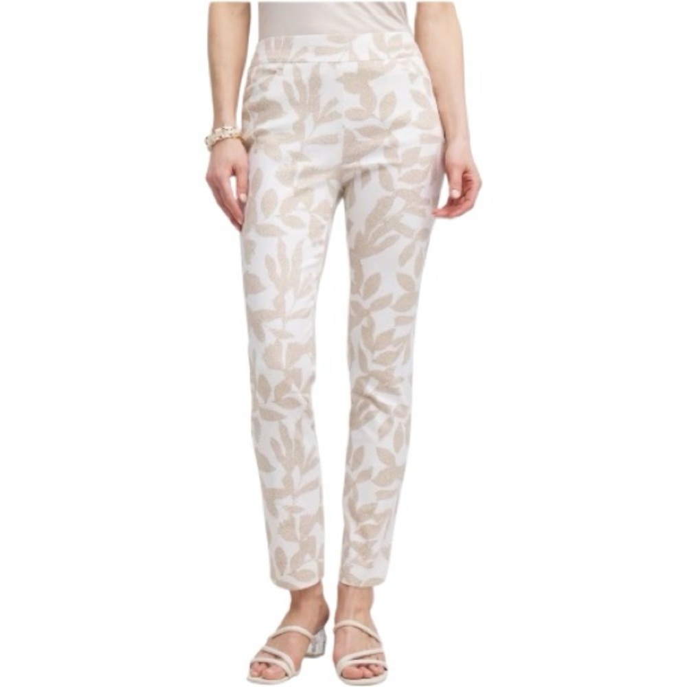 Chico’s So Slimming Brigitte Ankle Pants Size 14 Leaf Print Stretch Beige